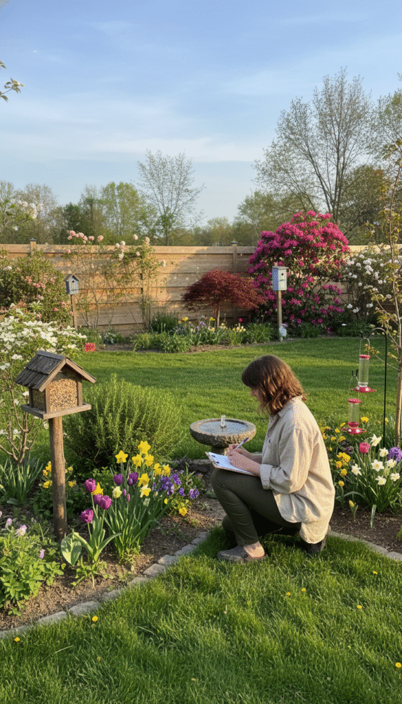 A serene backyard scene in early spring, featuring a lush green lawn, blooming flowers, and vibrant bird feeders. In the foreground, a person dressed in modest casual clothing examines a garden area, jotting notes on a clipboard. The middle ground showcases a variety of plants, shrubs, and small trees, providing a natural habitat for birds. A wooden fence in the background adds structure to the setting. The lighting is soft and warm, indicative of a sunny afternoon, casting gentle shadows. The atmosphere is calm and inviting, ideal for assessing the environment for bird visitors. The lens captures the scene at eye level, emphasizing connection with nature and bird-friendly elements.