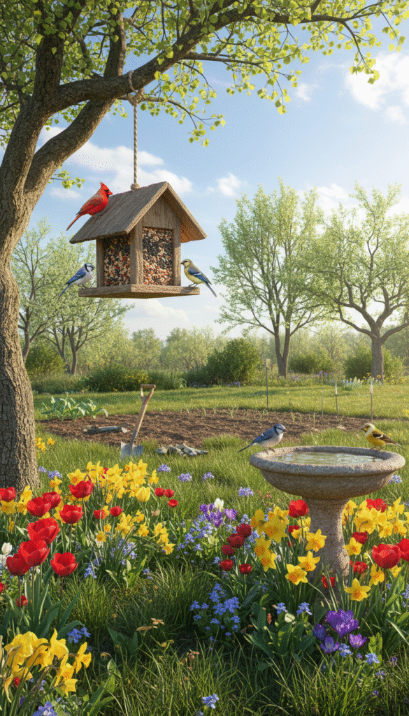 A serene backyard scene preparing for spring birds, featuring a vibrant garden filled with blooming flowers and lush green grasses. In the foreground, a wooden bird feeder hangs from a tree branch, filled with an assortment of seeds, attracting vibrant songbirds. Nearby, a small birdbath sparkles in the sunlight, surrounded by blooming tulips and daffodils. In the middle ground, a well-maintained vegetable patch is visible, ready for planting, with gardening tools neatly arranged beside it. The background includes a clear blue sky with fluffy white clouds, and several trees beginning to bud with fresh green leaves. The lighting is soft and warm, suggesting a pleasant spring afternoon, creating an inviting and hopeful atmosphere for birdwatchers. The angle captures a wide view that emphasizes the beauty and preparation in the backyard.
