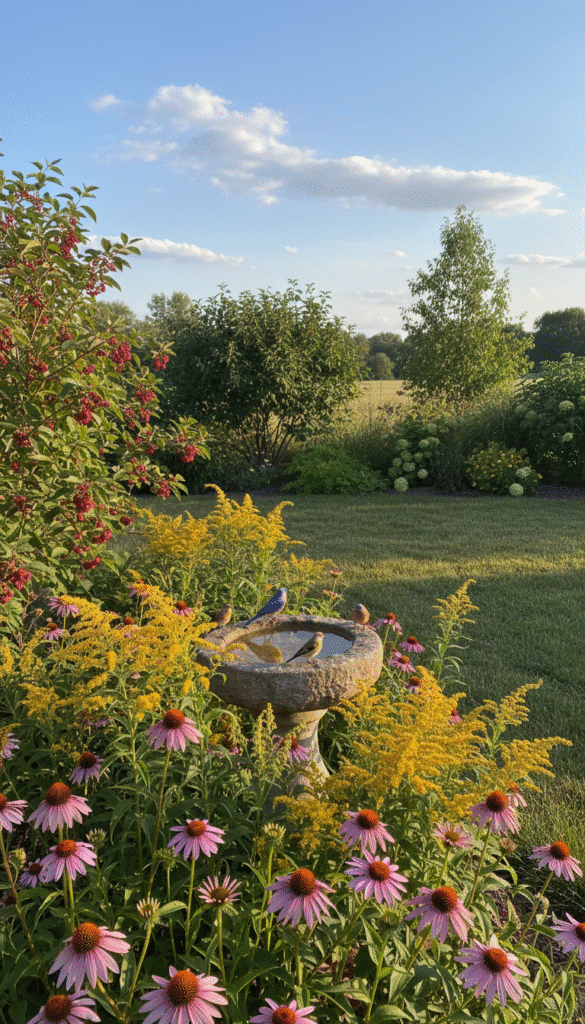 A vibrant backyard scene showcasing various native plants that attract birds, such as purple coneflowers, goldenrods, and serviceberries, flourishing in the foreground. In the middle ground, a small birdbath invites colorful songbirds, while a mixture of shrubs and small trees provide shelter. In the background, a clear blue sky with a few fluffy clouds complements the greenery, enhancing the lively atmosphere. Soft, natural lighting illuminates the scene, casting gentle shadows from the plants, creating a warm and inviting feel. Use a wide-angle lens to capture the expansive garden setting, emphasizing the abundant vegetation and the harmonious interaction of birds with their environment, inspiring a sense of tranquility and connection with nature.