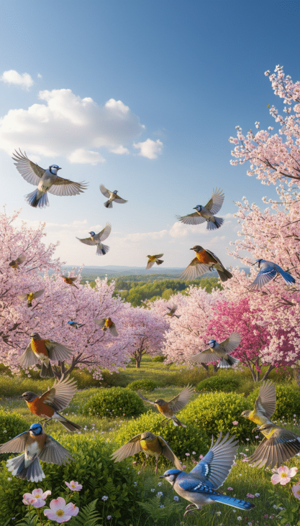 A vibrant spring landscape featuring diverse bird species in migration. In the foreground, various colorful birds like robins, warblers, and blue jays are depicted mid-flight, showcasing their distinct markings and lively postures. The middle ground includes blossoming trees and lush green bushes, creating a welcoming atmosphere. In the background, a clear blue sky dotted with soft, fluffy clouds enhances the scene. The sunlight filters through the leaves, casting gentle shadows and highlighting the birds' feathers. The overall mood is cheerful and lively, capturing the essence of spring and renewal, while conveying the importance of bird migration patterns. Use a wide-angle lens effect for an expansive view, ensuring a focus on the dynamic movement of the birds against the serene backdrop of nature.
