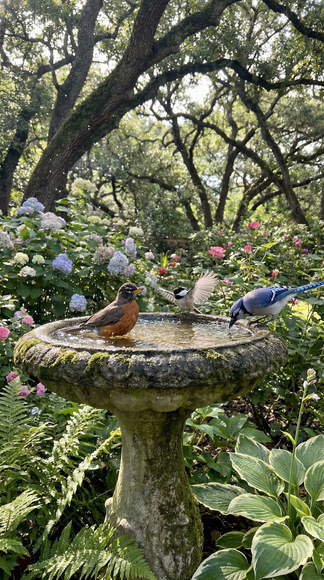 Birds splashing in a stone birdbath