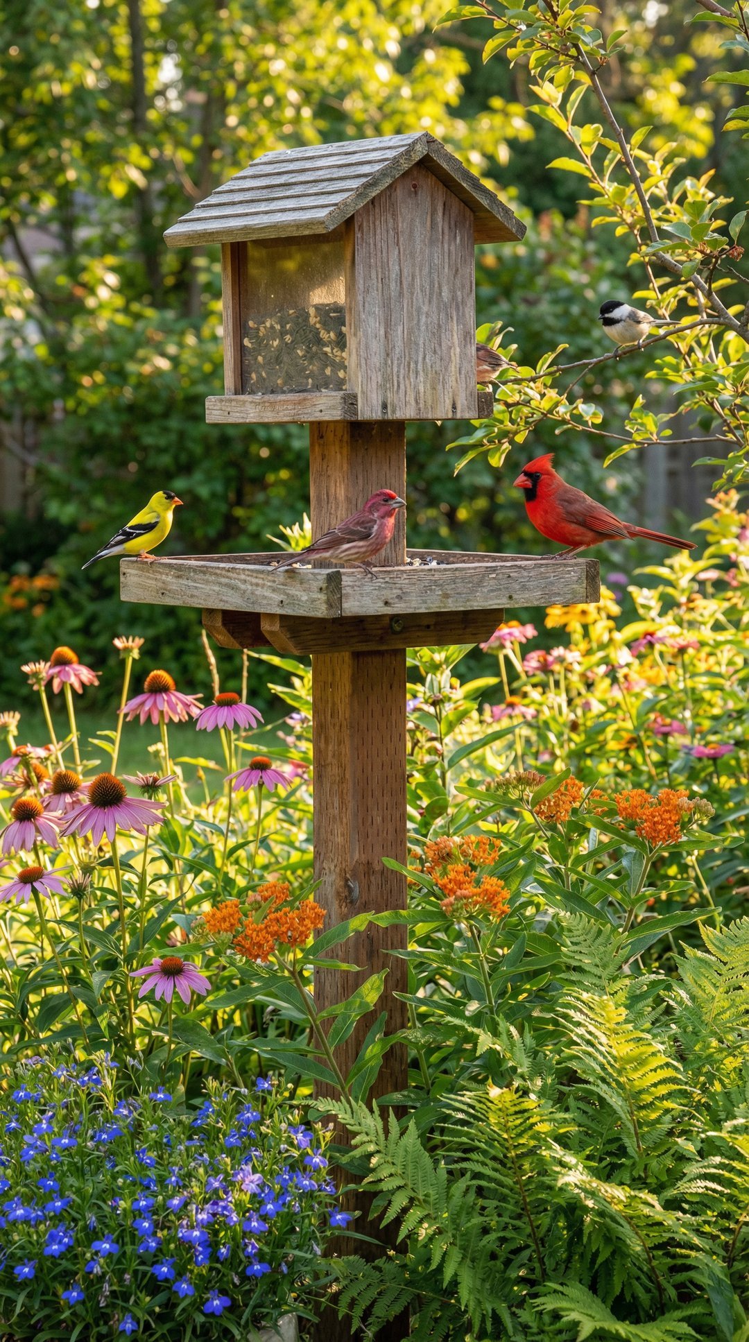 Wooden bird feeder with cardinal and finches