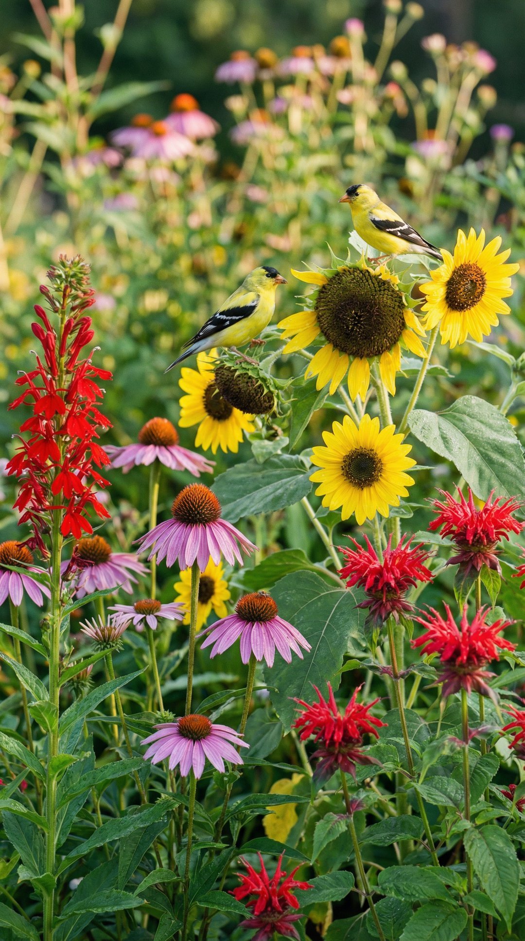 Native garden plants attracting goldfinches