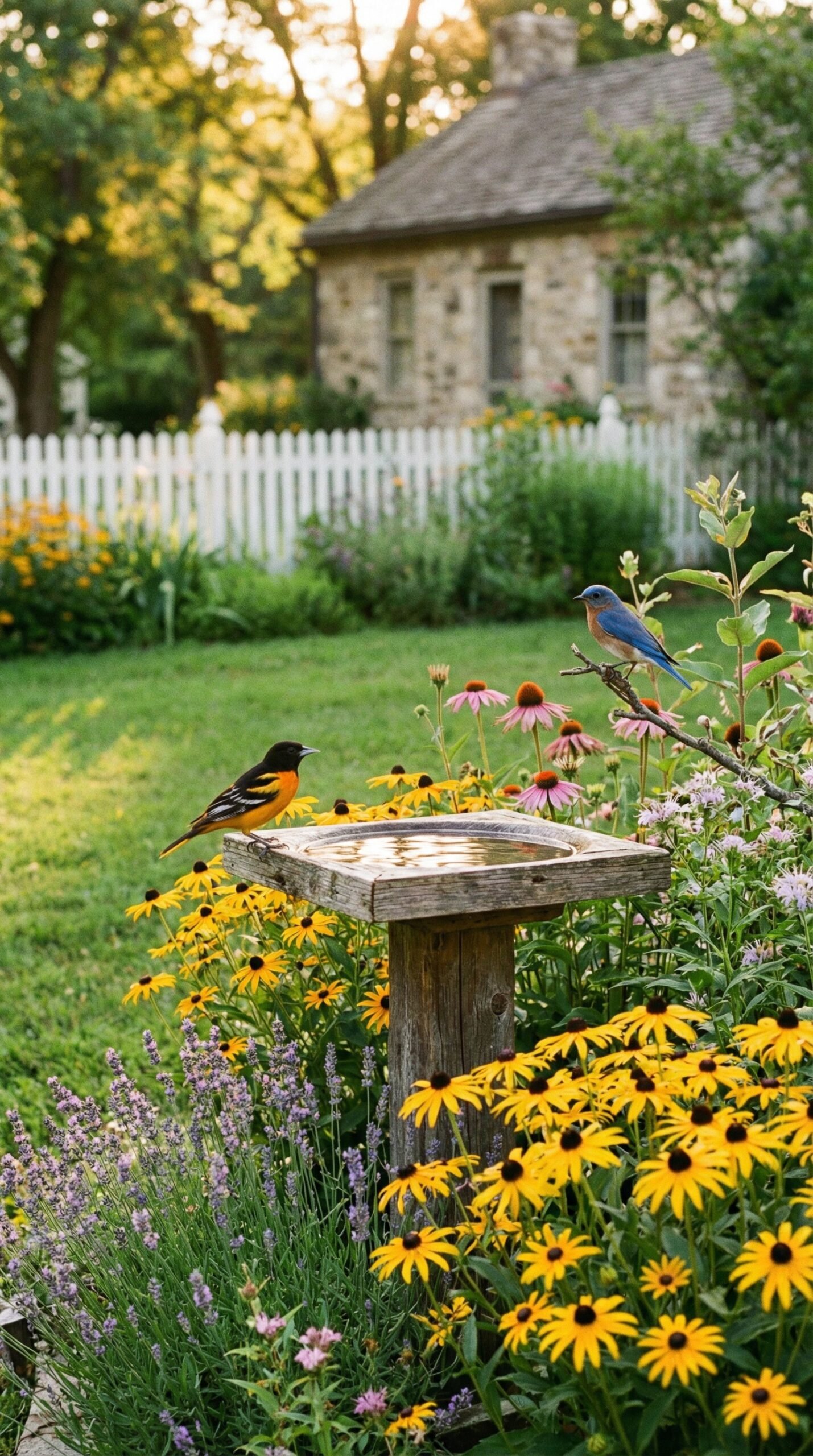 A charming backyard bird sanctuary with a wooden birdbath surrounded by summer flowers