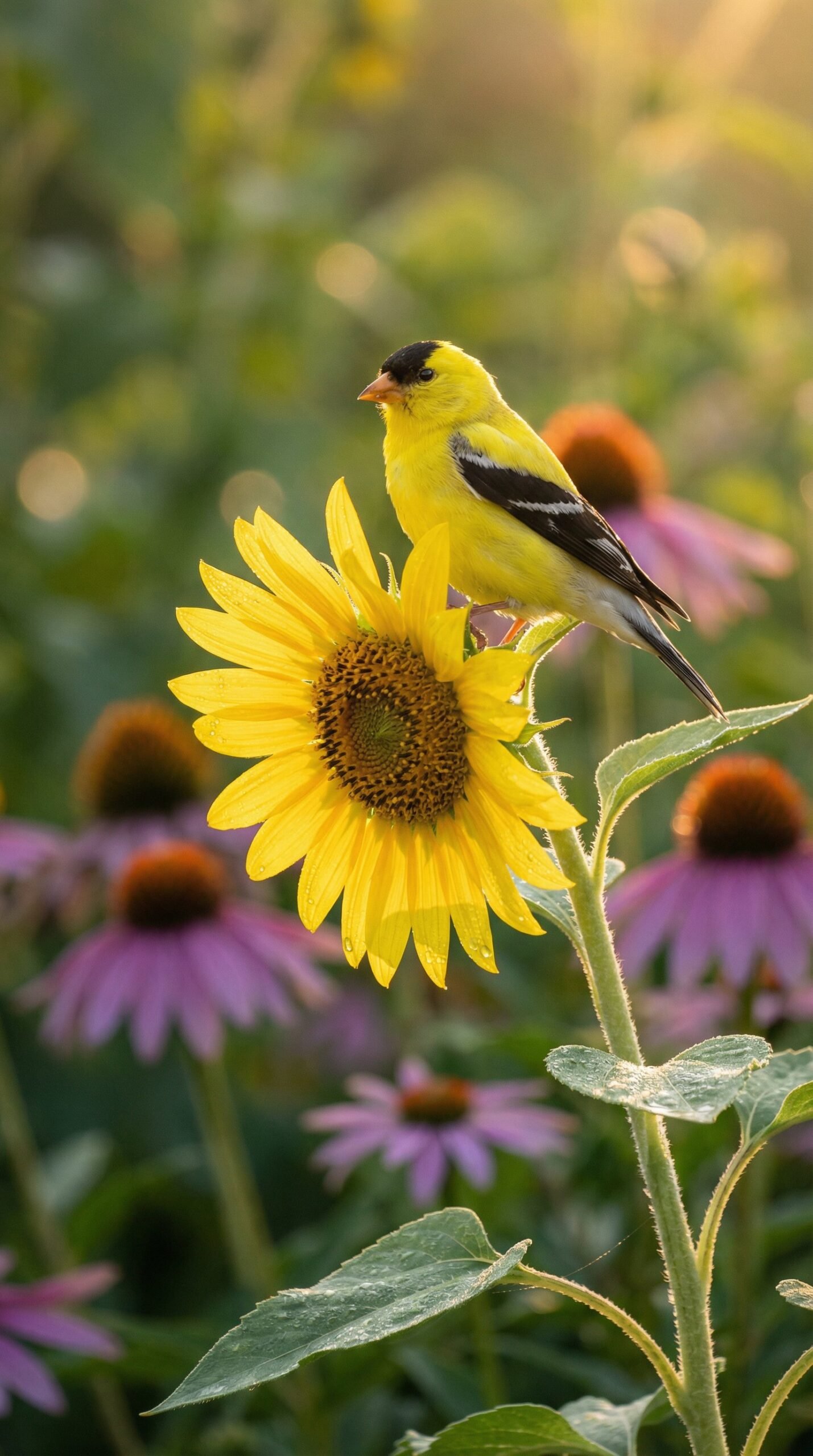 A bright yellow American goldfinch perched on a sunflower in a summer garden
