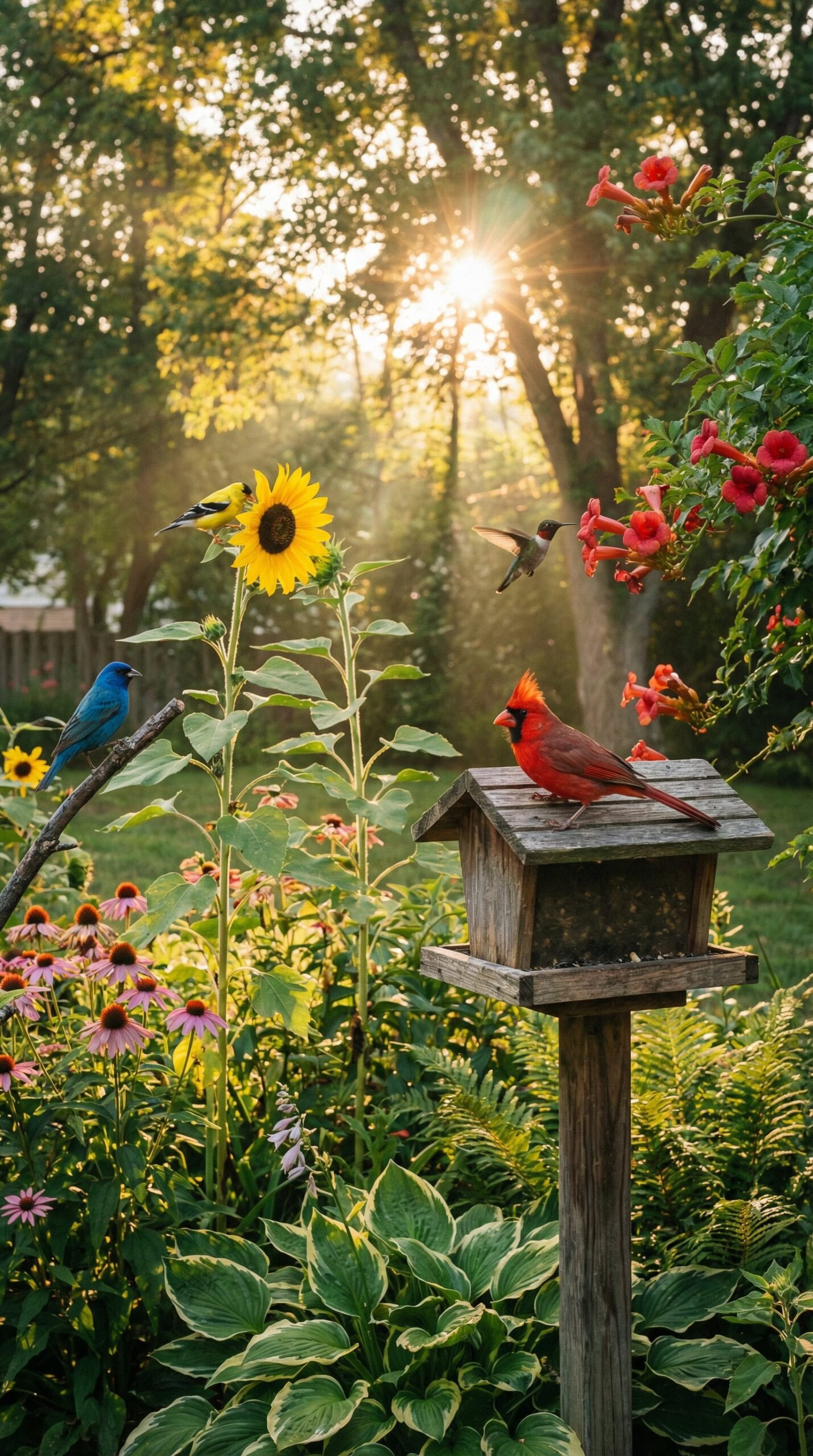 A vibrant summer backyard garden filled with colorful birds