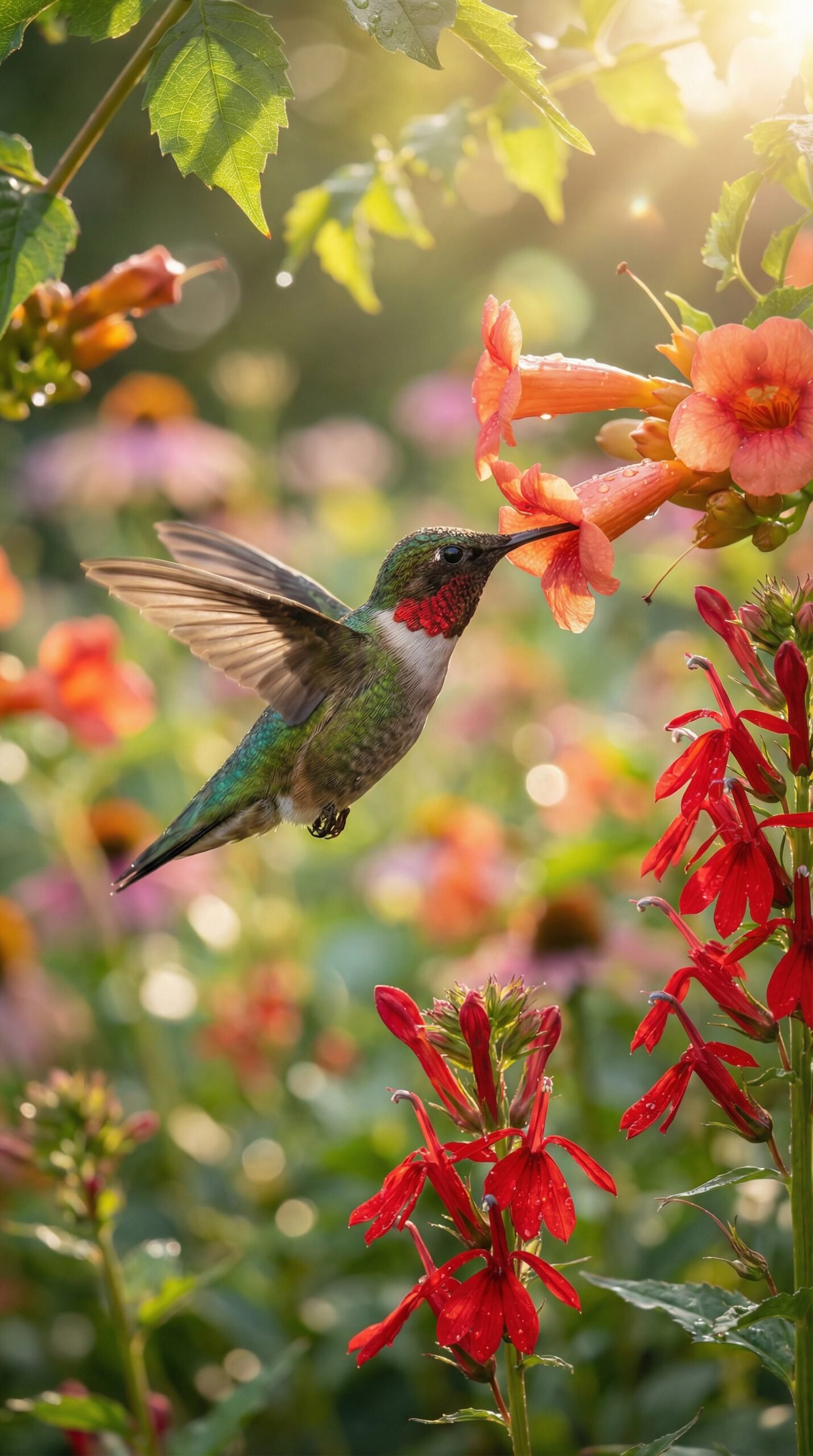 A ruby-throated hummingbird hovering near bright red cardinal flowers