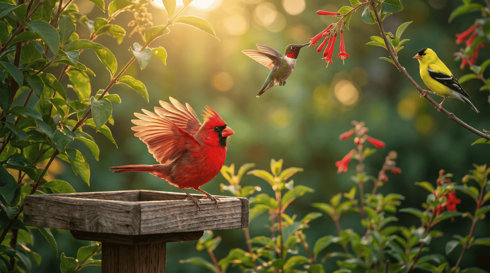 Northern Cardinal, hummingbird, and goldfinch in a vibrant backyard garden at golden hour