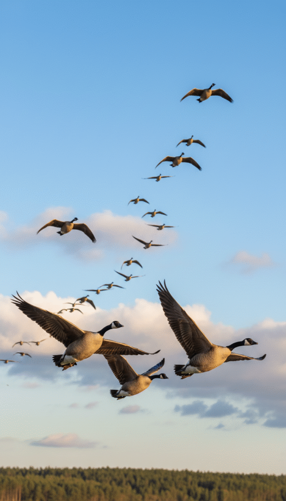 A beautiful scene of Canada geese flying in a classic V-formation across a clear blue sky. In the foreground, several geese are in mid-flight, their wings outstretched as they gracefully navigate the air. In the middle ground, a broader view of the V-formation showcases the collective movement of the flock, emphasizing their teamwork and coordinated effort. The background features soft, fluffy white clouds and the distant silhouette of a lush green forest, hinting at their natural habitat. The lighting captures the golden rays of a late afternoon sun, creating a warm and cheerful ambiance. The overall mood of the image conveys a sense of joy and freedom, highlighting the entertaining nature of these avian creatures as they embark on their journey. A beautiful scene of Canada geese flying in a classic V-formation across a clear blue sky. In the foreground, several geese are in mid-flight, their wings outstretched as they gracefully navigate the air. In the middle ground, a broader view of the V-formation showcases the collective movement of the flock, emphasizing their teamwork and coordinated effort. The background features soft, fluffy white clouds and the distant silhouette of a lush green forest, hinting at their natural habitat. The lighting captures the golden rays of a late afternoon sun, creating a warm and cheerful ambiance. The overall mood of the image conveys a sense of joy and freedom, highlighting the entertaining nature of these avian creatures as they embark on their journey.