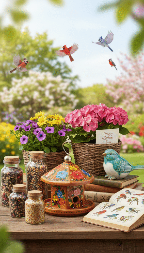 A beautifully arranged Mother's Day gift display centered around bird-themed items. In the foreground, a stylish bird feeder made of elegant wood and adorned with vibrant floral patterns, surrounded by a variety of colorful birdseed blends in decorative jars. Nearby, a handcrafted ceramic bird statue adds a unique touch, while a classic birdwatching book lays open, showcasing stunning illustrations of local birds. In the middle, a cheerful arrangement of potted flowering plants adds natural beauty. The background features a softly blurred garden scene with trees and birds in flight. The lighting is warm and inviting, simulating a sunny spring afternoon, creating a serene and joyful atmosphere perfect for celebrating a bird-loving mom. A beautifully arranged Mother's Day gift display centered around bird-themed items. In the foreground, a stylish bird feeder made of elegant wood and adorned with vibrant floral patterns, surrounded by a variety of colorful birdseed blends in decorative jars. Nearby, a handcrafted ceramic bird statue adds a unique touch, while a classic birdwatching book lays open, showcasing stunning illustrations of local birds. In the middle, a cheerful arrangement of potted flowering plants adds natural beauty. The background features a softly blurred garden scene with trees and birds in flight. The lighting is warm and inviting, simulating a sunny spring afternoon, creating a serene and joyful atmosphere perfect for celebrating a bird-loving mom.