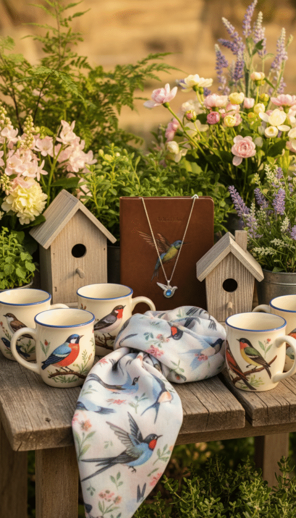 A beautifully arranged collection of bird-inspired gifts displayed on a rustic wooden table. In the foreground, there are colorful bird-themed mugs, intricate birdhouse models, and a soft bird-patterned scarf, each detailed and inviting. In the middle background, a delicate birdwatching journal and an elegant piece of bird-themed jewelry shimmer softly in warm, natural light. The atmosphere is cozy and cheerful, evoking the joy of birdwatching and nature. The scene is surrounded by greenery and pastel flowers, blending seamlessly with the gifts. The lighting is soft and warm, suggesting a sunny afternoon, captured with a shallow depth of field to emphasize the gifts. No text or overlays are present, allowing the visual to speak for itself. A beautifully arranged collection of bird-inspired gifts displayed on a rustic wooden table. In the foreground, there are colorful bird-themed mugs, intricate birdhouse models, and a soft bird-patterned scarf, each detailed and inviting. In the middle background, a delicate birdwatching journal and an elegant piece of bird-themed jewelry shimmer softly in warm, natural light. The atmosphere is cozy and cheerful, evoking the joy of birdwatching and nature. The scene is surrounded by greenery and pastel flowers, blending seamlessly with the gifts. The lighting is soft and warm, suggesting a sunny afternoon, captured with a shallow depth of field to emphasize the gifts. No text or overlays are present, allowing the visual to speak for itself.
