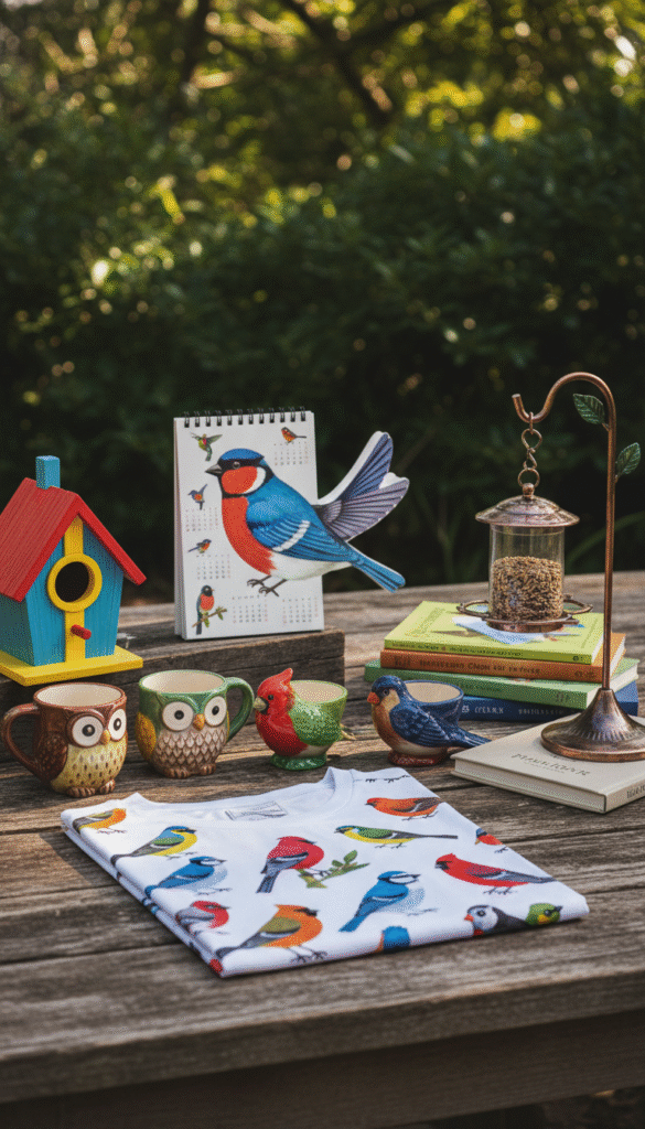 A beautifully arranged collection of creative and unique bird lover gift ideas displayed on a rustic wooden table. In the foreground, showcase a vibrant bird-themed shirt folded neatly, surrounded by a colorful birdhouse, a set of intricately patterned bird-shaped ceramic mugs, and a charming bird feeder. In the middle, a delightful assortment of birdwatching books with colorful covers and a whimsical bird-shaped calendar. In the background, picturesque greenery and soft sunlight filtering through leaves, creating a warm and inviting atmosphere. The scene is shot from a slightly elevated angle, ensuring all elements are visible, with natural lighting enhancing the colors and textures, evoking a mood of joy and inspiration for bird enthusiasts.
