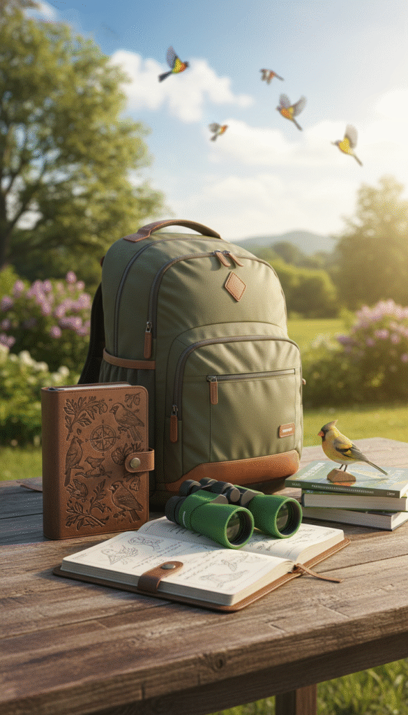 A beautifully arranged display of premium birding accessories on a rustic wooden table, featuring a high-quality pair of binoculars with vibrant green accents, a durable birdwatching backpack with multiple pockets and a sleek design, and a stylish birding journal with ornate cover art. In the background, a soft-focused outdoor scene with lush greenery and a clear blue sky suggests an ideal birdwatching environment, with a hint of colorful birds in flight. The lighting should be warm and sunny, emphasizing the textures and colors of the accessories. The angle should be slightly elevated, capturing both the details of the products in the foreground and the inviting atmosphere of the outdoor setting. The mood is serene and inspiring, perfect for the avid birder.