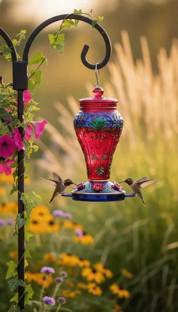 A beautifully designed durable hummingbird feeder, made from weather-resistant materials with vibrant colors and intricate floral patterns. In the foreground, the feeder hangs from a sturdy, decorative pole adorned with soft, green foliage. The middle scene showcases a couple of active hummingbirds, their iridescent feathers glistening in the sunlight as they hover near the feeder, sipping nectar. The background features a lush Texas backyard with blooming wildflowers and tall grasses basking in the golden hour light, creating a warm, inviting atmosphere. Use a shallow depth of field to focus on the feeder and hummingbirds while softly blurring the background. The overall mood is serene and vibrant, capturing the beauty of nature in a Texan setting. A beautifully designed durable hummingbird feeder, made from weather-resistant materials with vibrant colors and intricate floral patterns. In the foreground, the feeder hangs from a sturdy, decorative pole adorned with soft, green foliage. The middle scene showcases a couple of active hummingbirds, their iridescent feathers glistening in the sunlight as they hover near the feeder, sipping nectar. The background features a lush Texas backyard with blooming wildflowers and tall grasses basking in the golden hour light, creating a warm, inviting atmosphere. Use a shallow depth of field to focus on the feeder and hummingbirds while softly blurring the background. The overall mood is serene and vibrant, capturing the beauty of nature in a Texan setting.