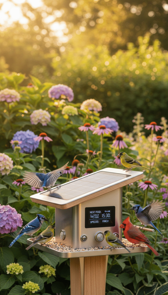 A beautifully designed innovative tech bird feeder sits prominently in the foreground, featuring a sleek, modern aesthetic with a combination of wood and metal materials. The feeder has solar panels on top, smart sensors visible, and a digital display showcasing feeding times and bird species. In the middle ground, vibrant birds of various species, such as blue jays and finches, interact with the feeder, showcasing joyful movement and activity. The background includes a lush garden with blooming flowers and greenery, bathed in warm, golden afternoon sunlight for an inviting atmosphere. The scene is captured with a shallow depth of field, accentuating the feeder and birds while softly blurring the garden behind them. The overall mood is one of tranquility and innovation, reflecting the concept of smart bird watching.