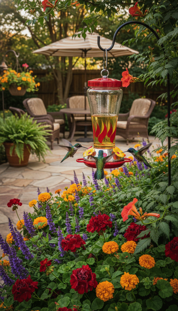 A beautifully organized backyard scene focusing on a well-set hummingbird feeder surrounded by vibrant flowers. In the foreground, the feeder displays bright red and yellow colors, with hummingbirds fluttering around, sipping nectar. The middle ground includes lush green plants and colorful blooms, creating an inviting atmosphere. In the background, a soft-focus view of a cozy patio adorned with outdoor furniture invites observers to relax and watch the hummingbirds. Natural daylight illuminates the scene, casting gentle shadows that enhance the vibrant colors. The mood is serene and joyful, perfect for showcasing expert tips on hummingbird feeder setup. The image should evoke a sense of tranquility and the joy of nature watching, with no people present. A beautifully organized backyard scene focusing on a well-set hummingbird feeder surrounded by vibrant flowers. In the foreground, the feeder displays bright red and yellow colors, with hummingbirds fluttering around, sipping nectar. The middle ground includes lush green plants and colorful blooms, creating an inviting atmosphere. In the background, a soft-focus view of a cozy patio adorned with outdoor furniture invites observers to relax and watch the hummingbirds. Natural daylight illuminates the scene, casting gentle shadows that enhance the vibrant colors. The mood is serene and joyful, perfect for showcasing expert tips on hummingbird feeder setup. The image should evoke a sense of tranquility and the joy of nature watching, with no people present.