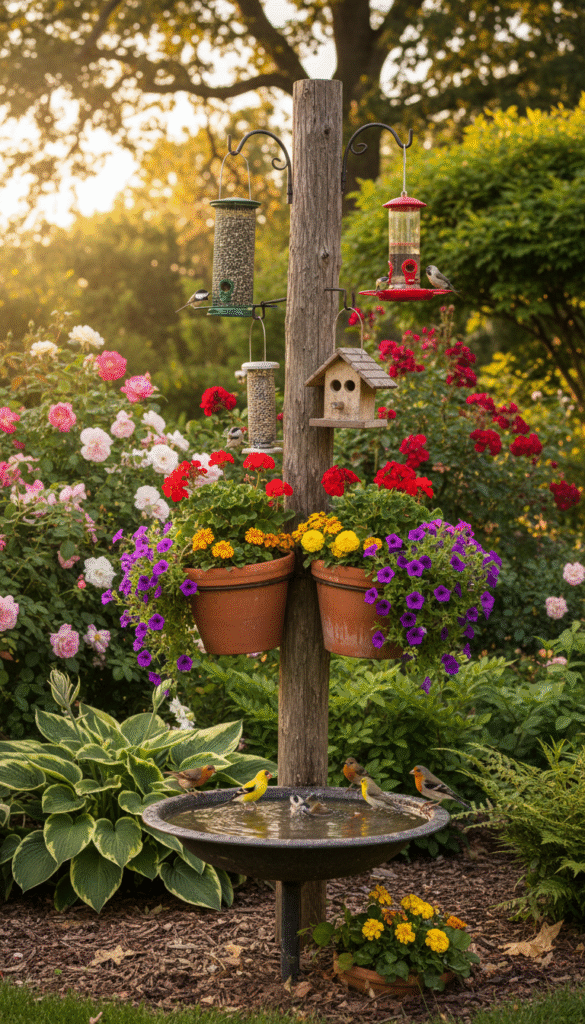 A charming garden scene showcasing a beautifully designed outdoor bird bath feeder pole, crafted from rustic wood and adorned with vibrant flower pots. In the foreground, colorful birds such as finches and robins gather around the bird bath, their feathers glistening in the sunlight. The middle ground features a decorative pole embellished with a variety of bird feeders, hanging with seeds and suet cakes, enticing the wildlife. Lush greenery surrounds the scene, with blooming flowers and leafy plants providing a natural habitat. In the background, soft sunlight filters through the branches of nearby trees, casting gentle shadows and creating a warm, inviting atmosphere. The image captures the essence of outdoor enhancements that attract wildlife, emphasizing nature's beauty and tranquility. A charming garden scene showcasing a beautifully designed outdoor bird bath feeder pole, crafted from rustic wood and adorned with vibrant flower pots. In the foreground, colorful birds such as finches and robins gather around the bird bath, their feathers glistening in the sunlight. The middle ground features a decorative pole embellished with a variety of bird feeders, hanging with seeds and suet cakes, enticing the wildlife. Lush greenery surrounds the scene, with blooming flowers and leafy plants providing a natural habitat. In the background, soft sunlight filters through the branches of nearby trees, casting gentle shadows and creating a warm, inviting atmosphere. The image captures the essence of outdoor enhancements that attract wildlife, emphasizing nature's beauty and tranquility.