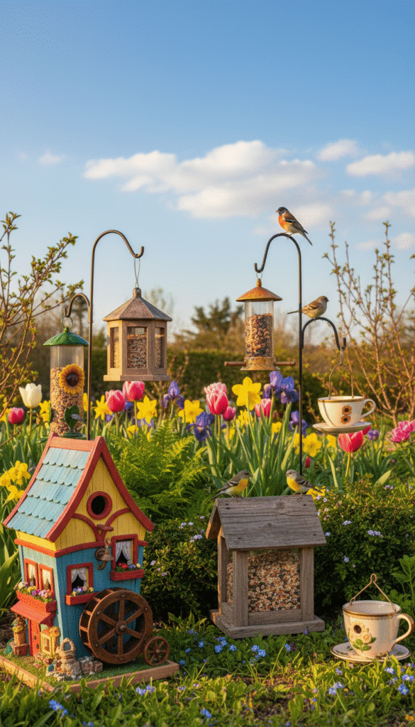 A charming scene featuring an assortment of delightful bird feeders and birdhouses in a serene spring garden. In the foreground, a whimsical birdhouse shaped like a cozy cottage with vibrant colors and intricate details, surrounded by a variety of colorful, creatively designed bird feeders, including a vintage-style feeder made of reclaimed wood. The middle ground showcases blooming flowers and lush greenery, providing a natural habitat for birds. In the background, a clear blue sky with fluffy white clouds adds to the tranquil atmosphere. The soft, warm lighting of golden hour casts gentle shadows and highlights the textures of the feeders and houses. The overall mood is cheerful and inviting, perfect for bird-loving mothers. A charming scene featuring an assortment of delightful bird feeders and birdhouses in a serene spring garden. In the foreground, a whimsical birdhouse shaped like a cozy cottage with vibrant colors and intricate details, surrounded by a variety of colorful, creatively designed bird feeders, including a vintage-style feeder made of reclaimed wood. The middle ground showcases blooming flowers and lush greenery, providing a natural habitat for birds. In the background, a clear blue sky with fluffy white clouds adds to the tranquil atmosphere. The soft, warm lighting of golden hour casts gentle shadows and highlights the textures of the feeders and houses. The overall mood is cheerful and inviting, perfect for bird-loving mothers.