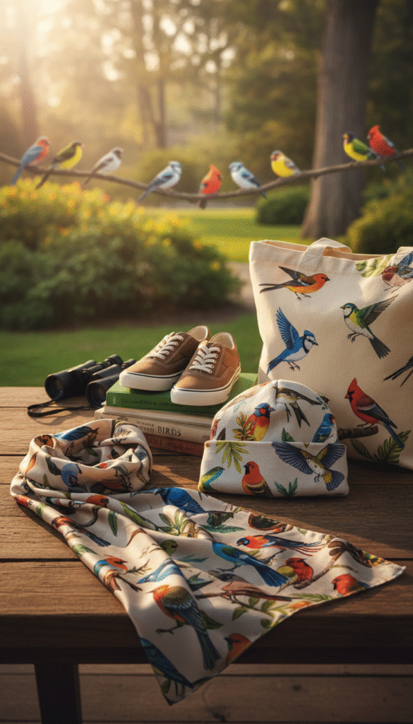 A chic assortment of stylish bird lover apparel and accessories displayed on a wooden table. In the foreground, feature a vibrant bird-themed scarf draped elegantly alongside a matching beanie and a trendy tote bag adorned with colorful bird prints. The middle ground showcases a pair of eco-friendly sneakers embellished with subtle avian motifs. The background consists of a softly blurred park scene with lush greenery and colorful birds perched on branches, creating a serene atmosphere. The lighting is warm and inviting, casting gentle shadows that enhance the texture of the fabrics. Capture this scene with a slight overhead angle to provide a comprehensive view, emphasizing the joyful spirit of bird-loving fashion. A chic assortment of stylish bird lover apparel and accessories displayed on a wooden table. In the foreground, feature a vibrant bird-themed scarf draped elegantly alongside a matching beanie and a trendy tote bag adorned with colorful bird prints. The middle ground showcases a pair of eco-friendly sneakers embellished with subtle avian motifs. The background consists of a softly blurred park scene with lush greenery and colorful birds perched on branches, creating a serene atmosphere. The lighting is warm and inviting, casting gentle shadows that enhance the texture of the fabrics. Capture this scene with a slight overhead angle to provide a comprehensive view, emphasizing the joyful spirit of bird-loving fashion.
