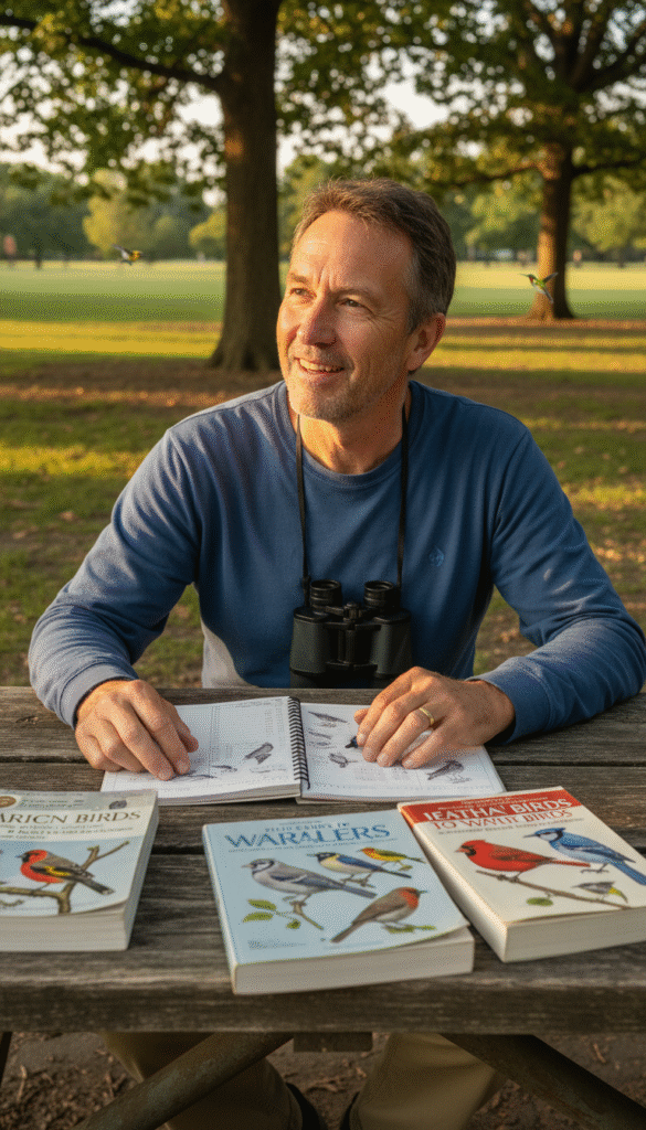 A close-up view of a birdwatching enthusiast sitting at a wooden table in a sunlit park, surrounded by an array of colorful bird identification books and a detailed personal life list notebook filled with tallies and sketches of birds. The foreground captures the joy on the person's face, a middle-aged individual wearing modest casual clothing, gazing thoughtfully at the notebook, with a pair of binoculars slung around their neck. In the background, a lush, green landscape is visible, with various trees and a fleeting glimpse of vibrant birds flitting about, illuminated by soft, golden sunlight. The overall atmosphere is warm and inviting, evoking a sense of passion and dedication to birdwatching, with natural colors creating a peaceful setting.