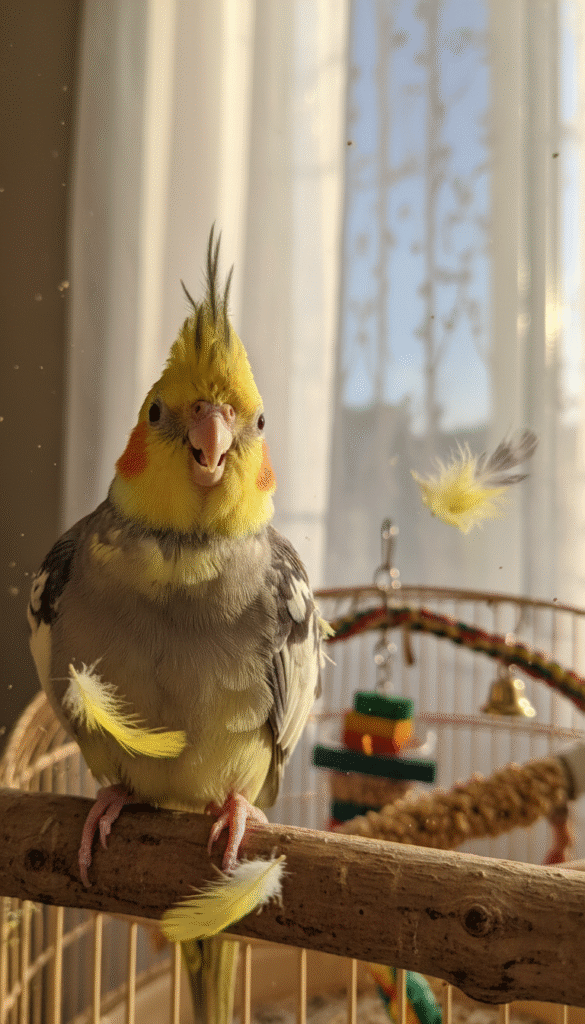 A close-up view of a lively cockatiel undergoing molt, showcasing a mix of vibrant feathers and freshly grown plumage. In the foreground, capture the bird perched on a branch, fluffing its feathers, with some colorful molted feathers gently falling around. The middle ground features a soft blur of various cockatiel toys and treats scattered across a cozy birdcage, hinting at a nurturing home environment. In the background, a bright, sunny window with sheer curtains allows warm natural light to filter in, creating a cheerful and inviting atmosphere. The camera angle is low, emphasizing the bird's playful expression while focusing on the texture of the feathers. The mood is joyful and heartwarming, celebrating the life and growth of a beloved pet bird. A close-up view of a lively cockatiel undergoing molt, showcasing a mix of vibrant feathers and freshly grown plumage. In the foreground, capture the bird perched on a branch, fluffing its feathers, with some colorful molted feathers gently falling around. The middle ground features a soft blur of various cockatiel toys and treats scattered across a cozy birdcage, hinting at a nurturing home environment. In the background, a bright, sunny window with sheer curtains allows warm natural light to filter in, creating a cheerful and inviting atmosphere. The camera angle is low, emphasizing the bird's playful expression while focusing on the texture of the feathers. The mood is joyful and heartwarming, celebrating the life and growth of a beloved pet bird.