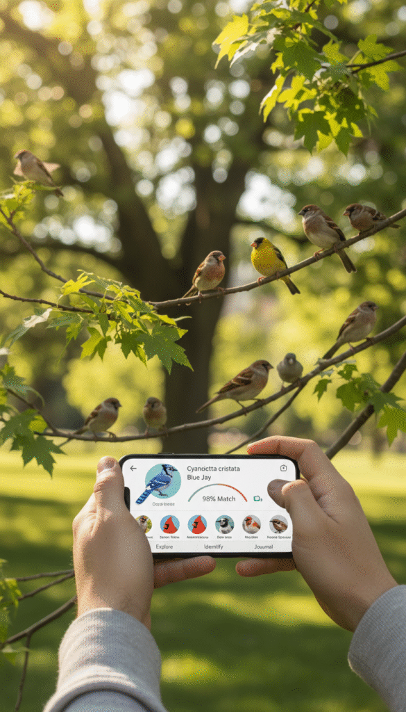 A close-up view of a smartphone displaying a vibrant bird identification app interface, set against a blurred park background filled with lush green trees and colorful bird species perched on branches. The foreground highlights the smartphone's screen illuminated softly, showcasing details like bird profiles, photos, and identification features, while the user's hands (clad in casual attire) gently hold the device. In the middle ground, various types of birds can be seen, such as sparrows and finches, flitting about, adding life to the scene. Bright, natural daylight filters through the leaves, creating a warm and inviting atmosphere. The overall mood is one of enthusiasm and engagement, celebrating the joy of bird watching and identification in nature.