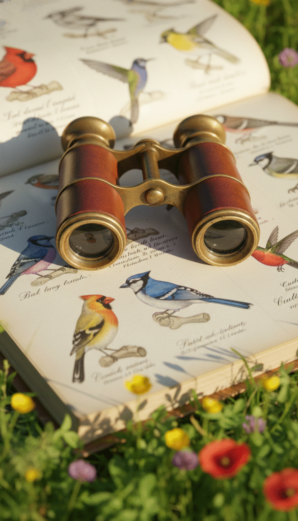 A close-up view of vintage binoculars resting atop an open field guide filled with colorful illustrations of various bird species. The binoculars are made of brass and leather, reflecting sunlight softly under a warm, golden hour glow. The field guide, worn and slightly curled at the edges, showcases vibrant images of birds alongside detailed descriptions. Surrounding them, a blurred natural landscape features lush green leaves and hints of colorful wildflowers, suggesting a serene outdoor setting. The atmosphere is peaceful and inviting, evoking a sense of adventure and curiosity for birdwatching. The focus is clear on the binoculars and guide, while the background gently fades, creating a dreamlike quality that captures the spirit of exploring nature’s avian wonders.
