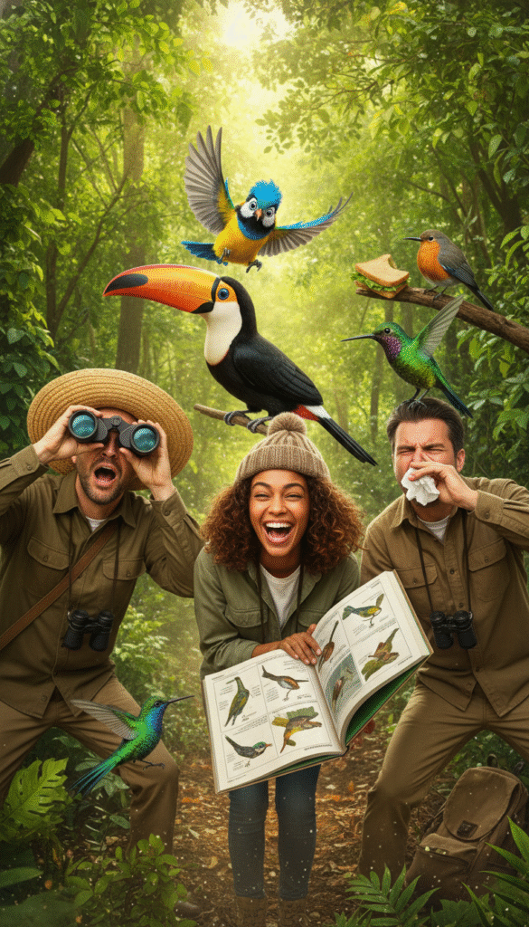 A comedic scene of birdwatchers experiencing unexpected, funny encounters in a lush forest. In the foreground, a group of three birdwatchers wearing modest casual clothing, one holding binoculars upside down, another laughing while struggling with a bird guidebook, and the third caught mid-sneeze as a startled bird flies overhead, feathers fluffed and wide-eyed. The middle ground features colorful birds of various species perched humorously in the trees, some pecking at the birdwatchers’ hats. The background reveals a vibrant green forest, dappled sunlight filtering through the leaves, creating a warm and joyful atmosphere. The image is well-lit, capturing the playful expressions of the characters, shot from a slightly elevated angle to encompass the amusing scene below. A comedic scene of birdwatchers experiencing unexpected, funny encounters in a lush forest. In the foreground, a group of three birdwatchers wearing modest casual clothing, one holding binoculars upside down, another laughing while struggling with a bird guidebook, and the third caught mid-sneeze as a startled bird flies overhead, feathers fluffed and wide-eyed. The middle ground features colorful birds of various species perched humorously in the trees, some pecking at the birdwatchers’ hats. The background reveals a vibrant green forest, dappled sunlight filtering through the leaves, creating a warm and joyful atmosphere. The image is well-lit, capturing the playful expressions of the characters, shot from a slightly elevated angle to encompass the amusing scene below.