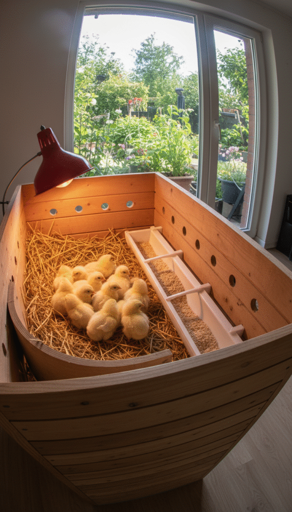A cozy and safe brooder for chicks, featuring a warm wood structure with a cozy nesting area filled with soft straw. In the foreground, several fluffy, yellow chicks huddle together under a heat lamp, which casts a soft, warm glow. The middle of the image showcases the brooder walls, adorned with ventilation holes for fresh air, and a feeder filled with chick starter feed. In the background, a green garden can be seen through a window, with sunlight streaming in, creating a joyful and nurturing atmosphere. The scene is captured with a warm, inviting lighting effect, using a wide-angle lens to encompass the entire setup, emphasizing the caring environment for the chicks.