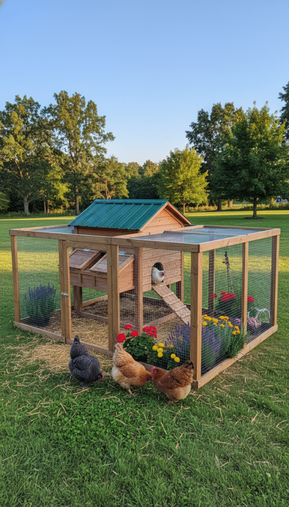 A cozy chicken coop design surrounded by a well-fenced run, featuring a rustic wooden structure with nesting boxes and a sloped roof. In the foreground, there are fluffy chickens foraging on the ground and peeking from the coop's entrance. The middle ground showcases a variety of plants and flowers, adding color and life around the coop. The background includes a sunny backyard setting with green grass, tall trees, and a clear blue sky. The image is lit with warm, natural sunlight, creating a cheerful, inviting atmosphere. Capture the scene with a slightly elevated angle for a comprehensive view of both the coop and run, highlighting the careful planning that goes into creating a happy home for backyard chickens.