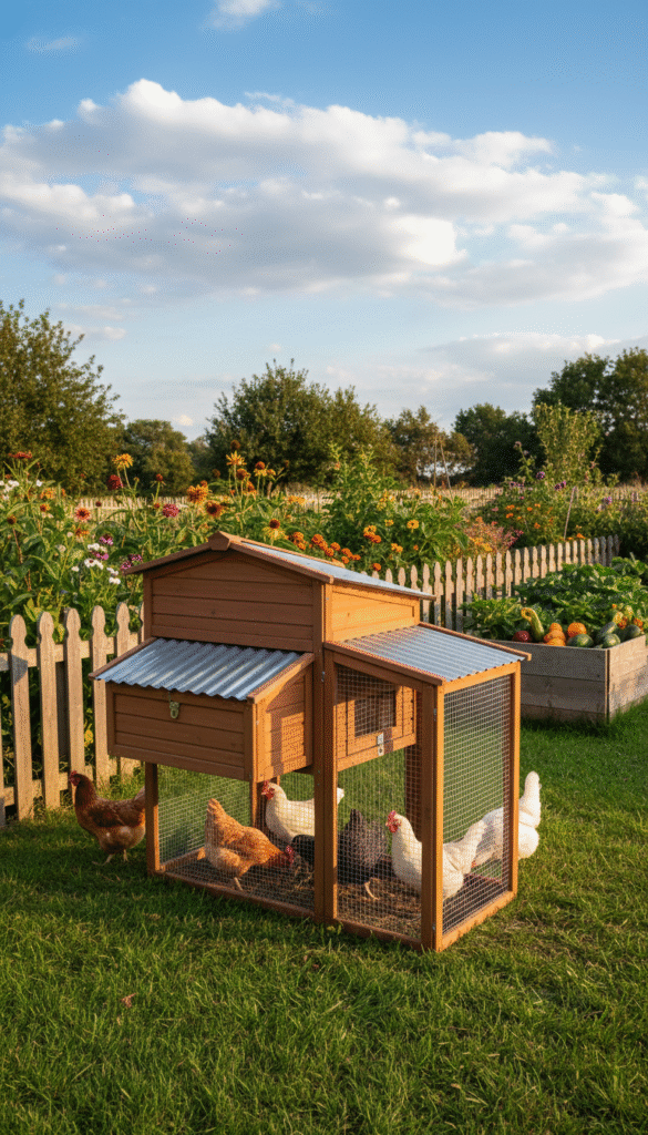 A cozy chicken coop setup, nestled in a lush backyard garden. In the foreground, a sturdy, well-constructed wooden chicken coop with a tin roof, featuring a secure wire mesh run for safety. Chickens of various breeds—light brown, speckled, and white—are seen pecking on the grass and scratching in the dirt. In the middle ground, vibrant flowers and vegetables grow in raised beds, surrounded by a wooden fence. The background showcases a serene blue sky with fluffy white clouds and the golden rays of the late afternoon sun illuminating the scene, creating a warm and inviting atmosphere. The angle is slightly elevated, providing a broad view of the coop and the happy chickens, embodying a peaceful, rural experience. A cozy chicken coop setup, nestled in a lush backyard garden. In the foreground, a sturdy, well-constructed wooden chicken coop with a tin roof, featuring a secure wire mesh run for safety. Chickens of various breeds—light brown, speckled, and white—are seen pecking on the grass and scratching in the dirt. In the middle ground, vibrant flowers and vegetables grow in raised beds, surrounded by a wooden fence. The background showcases a serene blue sky with fluffy white clouds and the golden rays of the late afternoon sun illuminating the scene, creating a warm and inviting atmosphere. The angle is slightly elevated, providing a broad view of the coop and the happy chickens, embodying a peaceful, rural experience.