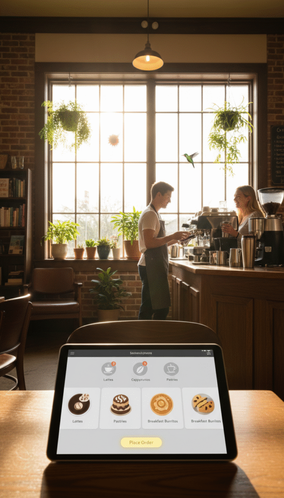 A cozy coffee shop interior with a seamless online ordering system interface displayed on a tablet at a wooden table in the foreground. The tablet shows an inviting coffee selection, including lattes and pastries, glowing in natural sunlight. In the middle section, a barista in professional attire prepares coffee behind a polished counter, interacting with a customer. The background features large, sunny windows with lush green plants and a hummingbird perched nearby, emphasizing a warm, peaceful morning atmosphere. Soft, golden lighting creates an inviting glow, capturing the essence of a tranquil Texas morning. The composition is shot from a slightly elevated angle, giving an immersive feel to the bustling yet serene coffee shop environment. A cozy coffee shop interior with a seamless online ordering system interface displayed on a tablet at a wooden table in the foreground. The tablet shows an inviting coffee selection, including lattes and pastries, glowing in natural sunlight. In the middle section, a barista in professional attire prepares coffee behind a polished counter, interacting with a customer. The background features large, sunny windows with lush green plants and a hummingbird perched nearby, emphasizing a warm, peaceful morning atmosphere. Soft, golden lighting creates an inviting glow, capturing the essence of a tranquil Texas morning. The composition is shot from a slightly elevated angle, giving an immersive feel to the bustling yet serene coffee shop environment.