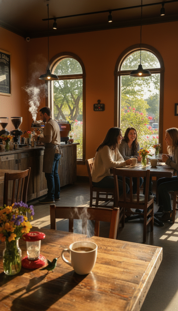 A cozy coffee shop scene in Tyler, Texas during the morning, focusing on a rustic, inviting interior with warmly colored walls and wooden furniture. In the foreground, a table with a steaming cup of coffee, surrounded by fresh flowers and a small bird feeder attracting colorful hummingbirds. In the middle, patrons dressed in casual attire enjoy their drinks, immersed in conversation, with a barista skillfully preparing coffee at the counter. The background features large windows letting in soft, golden sunlight, casting warm shadows across the space. The atmosphere is serene and vibrant, evoking the peacefulness of a small-town morning, with lush greenery visible outside, hinting at the charm of Tyler. The perspective is slightly angled to capture both the lively indoor scene and the natural beauty outside. A cozy coffee shop scene in Tyler, Texas during the morning, focusing on a rustic, inviting interior with warmly colored walls and wooden furniture. In the foreground, a table with a steaming cup of coffee, surrounded by fresh flowers and a small bird feeder attracting colorful hummingbirds. In the middle, patrons dressed in casual attire enjoy their drinks, immersed in conversation, with a barista skillfully preparing coffee at the counter. The background features large windows letting in soft, golden sunlight, casting warm shadows across the space. The atmosphere is serene and vibrant, evoking the peacefulness of a small-town morning, with lush greenery visible outside, hinting at the charm of Tyler. The perspective is slightly angled to capture both the lively indoor scene and the natural beauty outside.