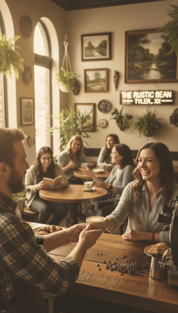 A cozy coffee shop scene in Tyler, Texas, highlighting the friendly local coffee culture. In the foreground, a barista in a casual button-up shirt serves a steaming cup of coffee to a smiling customer at a rustic wooden counter. The middle ground features small round tables with patrons enjoying their coffee, some reading books and others chatting, all warmly lit by soft morning sunlight filtering through large windows. In the background, vibrant plants and artwork adorn the walls, showcasing local artists. Capture the warmth and inviting atmosphere of a community gathering place, with a shallow depth of field focusing on the barista and customer interaction. Emphasize a sense of nostalgia and comfort, creating a tranquil yet lively morning vibe. A cozy coffee shop scene in Tyler, Texas, highlighting the friendly local coffee culture. In the foreground, a barista in a casual button-up shirt serves a steaming cup of coffee to a smiling customer at a rustic wooden counter. The middle ground features small round tables with patrons enjoying their coffee, some reading books and others chatting, all warmly lit by soft morning sunlight filtering through large windows. In the background, vibrant plants and artwork adorn the walls, showcasing local artists. Capture the warmth and inviting atmosphere of a community gathering place, with a shallow depth of field focusing on the barista and customer interaction. Emphasize a sense of nostalgia and comfort, creating a tranquil yet lively morning vibe.