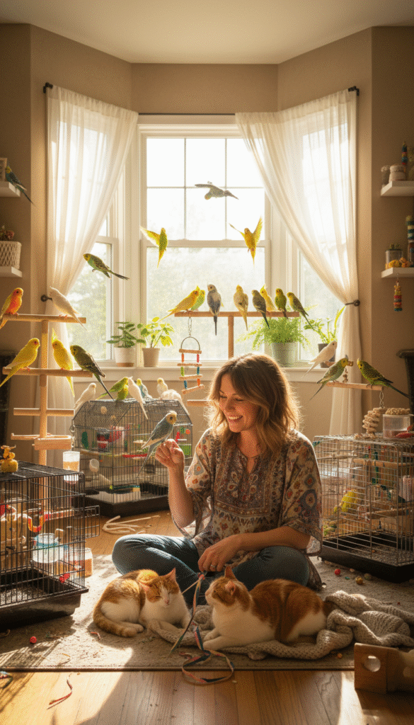 A cozy living room filled with natural light, featuring a colorful array of pet birds perched on shelves and play stands. In the foreground, a cheerful bird mom, wearing casual attire, lovingly interacts with a few playful cats lounging nearby. The middle ground showcases a vibrant mix of different birds, such as parakeets and cockatiels, flying around or resting on their colorful cages. In the background, you can see a sunlit window with green plants, creating a warm and inviting atmosphere. Soft shadows play across the room, highlighting the joyful chaos of living with feathered and furry friends. The overall mood is playful and lively, capturing the bond between pets and their human caretaker. A cozy living room filled with natural light, featuring a colorful array of pet birds perched on shelves and play stands. In the foreground, a cheerful bird mom, wearing casual attire, lovingly interacts with a few playful cats lounging nearby. The middle ground showcases a vibrant mix of different birds, such as parakeets and cockatiels, flying around or resting on their colorful cages. In the background, you can see a sunlit window with green plants, creating a warm and inviting atmosphere. Soft shadows play across the room, highlighting the joyful chaos of living with feathered and furry friends. The overall mood is playful and lively, capturing the bond between pets and their human caretaker.