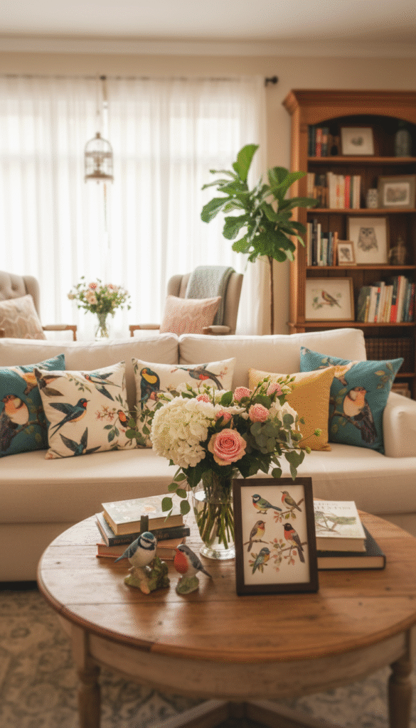 A cozy living room scene featuring charming home decor with an avian theme. In the foreground, a beautifully styled coffee table adorned with bird figurines, a vase of fresh flowers, and a whimsical bird-themed art print. In the middle, a plush sofa draped with colorful, bird-patterned cushions, alongside a bookshelf filled with nature-inspired books and more avian artwork. The background showcases a soft, warm light coming through a large window, illuminating delicate sheer curtains and a lush indoor plant. The mood is inviting and serene, creating a perfect atmosphere for a bird-loving mom. Capture the image with a soft focus lens to create a dreamy effect, emphasizing warmth and charm. No captions, just the beauty of bird-themed decor. A cozy living room scene featuring charming home decor with an avian theme. In the foreground, a beautifully styled coffee table adorned with bird figurines, a vase of fresh flowers, and a whimsical bird-themed art print. In the middle, a plush sofa draped with colorful, bird-patterned cushions, alongside a bookshelf filled with nature-inspired books and more avian artwork. The background showcases a soft, warm light coming through a large window, illuminating delicate sheer curtains and a lush indoor plant. The mood is inviting and serene, creating a perfect atmosphere for a bird-loving mom. Capture the image with a soft focus lens to create a dreamy effect, emphasizing warmth and charm. No captions, just the beauty of bird-themed decor.