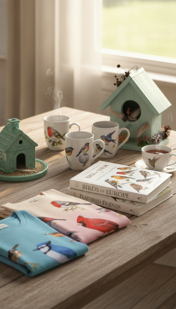 A cozy scene showcasing an array of bird lover gift ideas neatly arranged on a rustic wooden table. In the foreground, display vibrant bird-themed shirts folded neatly, with colorful bird prints. To the side, include a charming ceramic bird feeder and a set of beautifully illustrated bird identification books, emphasizing the details on the covers. In the middle ground, place a selection of whimsical bird-themed mugs and a handcrafted birdhouse, filled with small decorative elements like feathers and pinecones. In the background, soft natural light filters through a window, illuminating the scene with a warm, inviting glow. Capture a serene and joyful atmosphere, ideal for celebrating the passion for birdwatching. Use a slightly tilted angle for an engaging perspective.