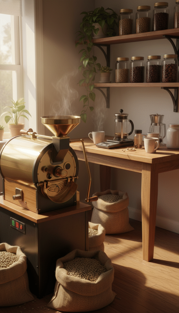 A cozy small-batch coffee roasting setup in a rustic Tyler, Texas kitchen. In the foreground, a beautifully designed hand-cranked coffee roaster with shiny brass and polished wood details, surrounded by bags of freshly green coffee beans. The middle ground features a warm wooden table with various coffee brewing equipment, like a French press and scale, all illuminated by soft morning light streaming in through a window, creating gentle shadows. In the background, shelves lined with glass jars filled with different coffee bean varieties and hints of vibrant green houseplants adding a touch of nature. The overall atmosphere is inviting and tranquil, evoking the art and science of coffee roasting, with a focus on craftsmanship and attention to detail. A cozy small-batch coffee roasting setup in a rustic Tyler, Texas kitchen. In the foreground, a beautifully designed hand-cranked coffee roaster with shiny brass and polished wood details, surrounded by bags of freshly green coffee beans. The middle ground features a warm wooden table with various coffee brewing equipment, like a French press and scale, all illuminated by soft morning light streaming in through a window, creating gentle shadows. In the background, shelves lined with glass jars filled with different coffee bean varieties and hints of vibrant green houseplants adding a touch of nature. The overall atmosphere is inviting and tranquil, evoking the art and science of coffee roasting, with a focus on craftsmanship and attention to detail.