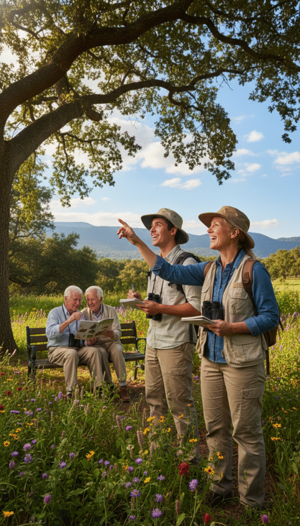 A diverse group of enthusiastic birdwatchers gathered in a lush, green park, sharing binoculars and notes. In the foreground, a middle-aged woman wearing a casual yet professional outfit enthusiastically points at a bird perched on a tree branch, while a younger man beside her takes notes in a notebook. In the middle ground, another pair of birdwatchers—an elderly couple—exchange smiles and quietly discuss their findings, surrounded by trees and vibrant wildflowers. The background features a clear blue sky with soft, fluffy clouds and distant mountains, creating an inviting atmosphere. Warm, golden sunlight filters through the leaves, adding a serene, uplifting mood to the scene. The composition captures the essence of social connection within the birdwatching community. A diverse group of enthusiastic birdwatchers gathered in a lush, green park, sharing binoculars and notes. In the foreground, a middle-aged woman wearing a casual yet professional outfit enthusiastically points at a bird perched on a tree branch, while a younger man beside her takes notes in a notebook. In the middle ground, another pair of birdwatchers—an elderly couple—exchange smiles and quietly discuss their findings, surrounded by trees and vibrant wildflowers. The background features a clear blue sky with soft, fluffy clouds and distant mountains, creating an inviting atmosphere. Warm, golden sunlight filters through the leaves, adding a serene, uplifting mood to the scene. The composition captures the essence of social connection within the birdwatching community.