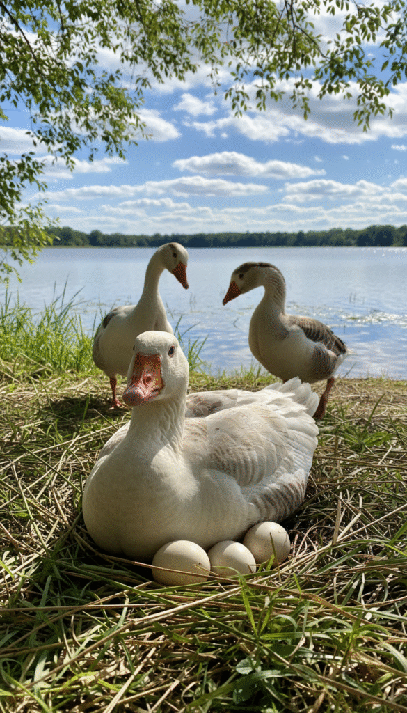 A lively scene of a goose in the foreground, comfortably nestled among soft grasses and reeds, showcasing its nesting behavior with a few eggs nearby. The middle ground features a couple of other geese waddling playfully, their curiosity evident as they observe the nesting goose. In the background, a tranquil lake reflects the vibrant blue sky, dotted with fluffy white clouds. Warm sunlight filters through tree branches, casting dappled light across the scene, enhancing the playful and comical atmosphere. The angle captures both the nesting goose up close and the curious companions a few feet away, illustrating their quirky personalities in this serene yet humorous setting, encapsulating the wacky behaviors of these amusing birds. A lively scene of a goose in the foreground, comfortably nestled among soft grasses and reeds, showcasing its nesting behavior with a few eggs nearby. The middle ground features a couple of other geese waddling playfully, their curiosity evident as they observe the nesting goose. In the background, a tranquil lake reflects the vibrant blue sky, dotted with fluffy white clouds. Warm sunlight filters through tree branches, casting dappled light across the scene, enhancing the playful and comical atmosphere. The angle captures both the nesting goose up close and the curious companions a few feet away, illustrating their quirky personalities in this serene yet humorous setting, encapsulating the wacky behaviors of these amusing birds.