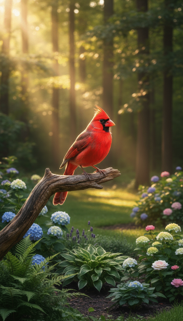 A majestic cardinal perched on a rustic wooden branch, its vibrant red feathers glowing softly in the gentle morning light. The foreground captures the bird in stunning detail, showcasing its intricate plumage and bright beak. In the middle ground, a serene garden filled with lush greenery and blooming flowers symbolizes nature's harmony. The background reveals a soft-focus forest with sunbeams filtering through the leaves, creating a tranquil, ethereal atmosphere. The entire scene conveys a sense of peace and spiritual connection, inviting contemplation about the cardinal's significance as a spiritual messenger. The lighting is warm and inviting, highlighting the cardinal's beauty while casting a soft glow on the surrounding foliage. Capture this scene with a natural lens at eye level to enhance the viewer's connection with the subject.
