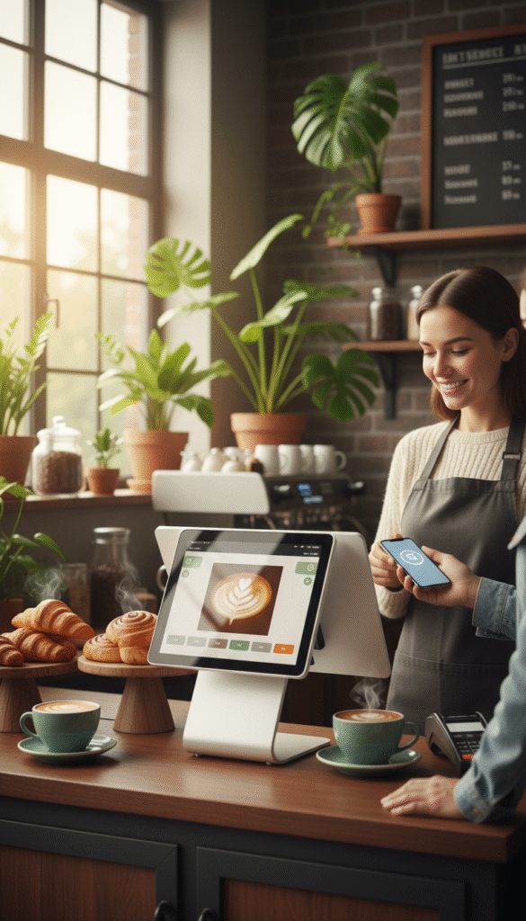 A modern, secure checkout process at a cozy coffee shop, artistically arranged in a warm, inviting atmosphere. In the foreground, a sleek point-of-sale terminal is prominently displayed with a background of aromatic coffee mugs and fresh pastries. The middle ground features a smiling barista in casual yet professional attire, assisting a customer as they complete their purchase using a mobile payment app. The background shows a softly blurred interior filled with plants and sunlight streaming through large windows, creating a serene and inviting ambiance. Soft lighting highlights the details of the coffee shop, evoking a sense of comfort and security. A rich color palette enhances the cozy mood, making it feel like a peaceful morning ritual spot. A modern, secure checkout process at a cozy coffee shop, artistically arranged in a warm, inviting atmosphere. In the foreground, a sleek point-of-sale terminal is prominently displayed with a background of aromatic coffee mugs and fresh pastries. The middle ground features a smiling barista in casual yet professional attire, assisting a customer as they complete their purchase using a mobile payment app. The background shows a softly blurred interior filled with plants and sunlight streaming through large windows, creating a serene and inviting ambiance. Soft lighting highlights the details of the coffee shop, evoking a sense of comfort and security. A rich color palette enhances the cozy mood, making it feel like a peaceful morning ritual spot.