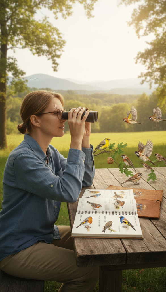 A serene and focused individual in a comfortable outdoor setting, wearing casual yet professional attire, sits at a rustic wooden table with a notepad and binoculars. In the foreground, the notepad details colorful sketches and notes of various bird species encountered. In the middle ground, a vibrant array of birds flits among trees, showcasing different species like sparrows, warblers, and finches, while a colorful field guide lies open nearby. The background features a softly lit, sun-dappled landscape with gentle greenery and blue sky, creating a tranquil and inspiring atmosphere for birdwatching. The scene captures the essence of dedication and passion for maintaining a bird life list, invoking a sense of serenity and connection with nature. A serene and focused individual in a comfortable outdoor setting, wearing casual yet professional attire, sits at a rustic wooden table with a notepad and binoculars. In the foreground, the notepad details colorful sketches and notes of various bird species encountered. In the middle ground, a vibrant array of birds flits among trees, showcasing different species like sparrows, warblers, and finches, while a colorful field guide lies open nearby. The background features a softly lit, sun-dappled landscape with gentle greenery and blue sky, creating a tranquil and inspiring atmosphere for birdwatching. The scene captures the essence of dedication and passion for maintaining a bird life list, invoking a sense of serenity and connection with nature.