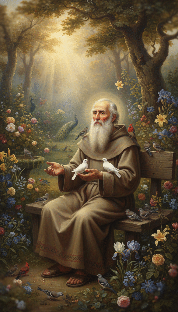 A serene and reflective scene depicting a wise saint surrounded by various symbolic birds, such as doves and sparrows, representing faith and hope. In the foreground, the saint, dressed in humble yet dignified robes, gently cradles a small bird in his hands, showcasing compassion. The middle ground features a lush garden with vibrant flowers, where birds are perched and fluttering, symbolizing freedom and spiritual guidance. In the background, soft golden light filters through towering trees, creating a warm, ethereal atmosphere. The image should evoke a sense of tranquility and introspection, with a soft focus reminiscent of a classical painting, capturing the essence of wisdom and the significance of birds in faith. A serene and reflective scene depicting a wise saint surrounded by various symbolic birds, such as doves and sparrows, representing faith and hope. In the foreground, the saint, dressed in humble yet dignified robes, gently cradles a small bird in his hands, showcasing compassion. The middle ground features a lush garden with vibrant flowers, where birds are perched and fluttering, symbolizing freedom and spiritual guidance. In the background, soft golden light filters through towering trees, creating a warm, ethereal atmosphere. The image should evoke a sense of tranquility and introspection, with a soft focus reminiscent of a classical painting, capturing the essence of wisdom and the significance of birds in faith.