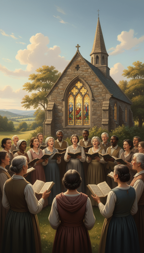 A serene and uplifting scene depicting the historical origins of hymns. In the foreground, a diverse group of people in modest attire, representing various cultures and ages, gather in a circle, singing joyfully as they hold open hymnals. In the middle ground, an ancient stone church with stained glass windows glows warmly, illuminated by soft golden light. The background features a peaceful countryside with rolling hills and a clear blue sky, suggesting tranquility and divine presence. The lighting is soft and warm, enhancing the mood of inspiration and community. A gentle breeze moves the leaves of nearby trees, adding a sense of harmony to the scene. The composition is shot at a slight upward angle, drawing the viewer's gaze toward the church, symbolizing hope and faith. A serene and uplifting scene depicting the historical origins of hymns. In the foreground, a diverse group of people in modest attire, representing various cultures and ages, gather in a circle, singing joyfully as they hold open hymnals. In the middle ground, an ancient stone church with stained glass windows glows warmly, illuminated by soft golden light. The background features a peaceful countryside with rolling hills and a clear blue sky, suggesting tranquility and divine presence. The lighting is soft and warm, enhancing the mood of inspiration and community. A gentle breeze moves the leaves of nearby trees, adding a sense of harmony to the scene. The composition is shot at a slight upward angle, drawing the viewer's gaze toward the church, symbolizing hope and faith.