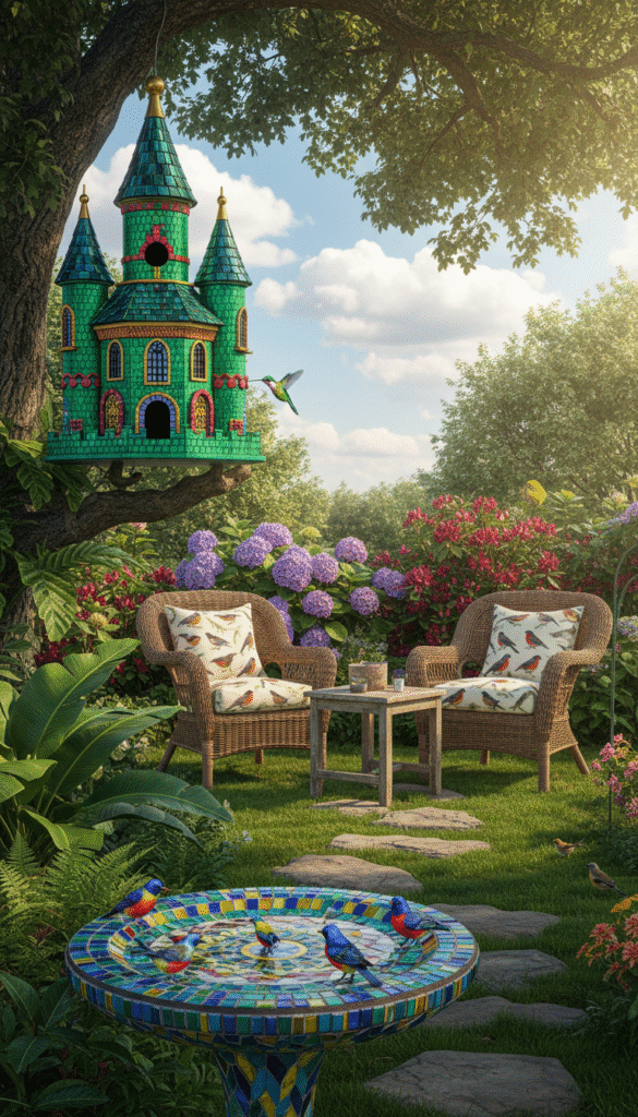 A serene backyard adorned with unique bird-themed decorations, showcasing a whimsical birdhouse intricately designed in vibrant colors, nestled among lush green plants. In the foreground, a charming mosaic birdbath attracts a variety of small, colorful birds. The middle ground reveals a cozy seating area with cushions featuring bird prints, surrounded by flowering shrubs. The background features a gentle blue sky punctuated by fluffy white clouds, with sunlight filtering through the leaves, casting dappled shadows on the ground. The atmosphere is peaceful and inviting, evoking a sense of warmth and joy as the birds flutter about. The image should be captured from a slightly elevated angle to provide a comprehensive view, with soft, natural lighting enhancing the colors and details of the decor.