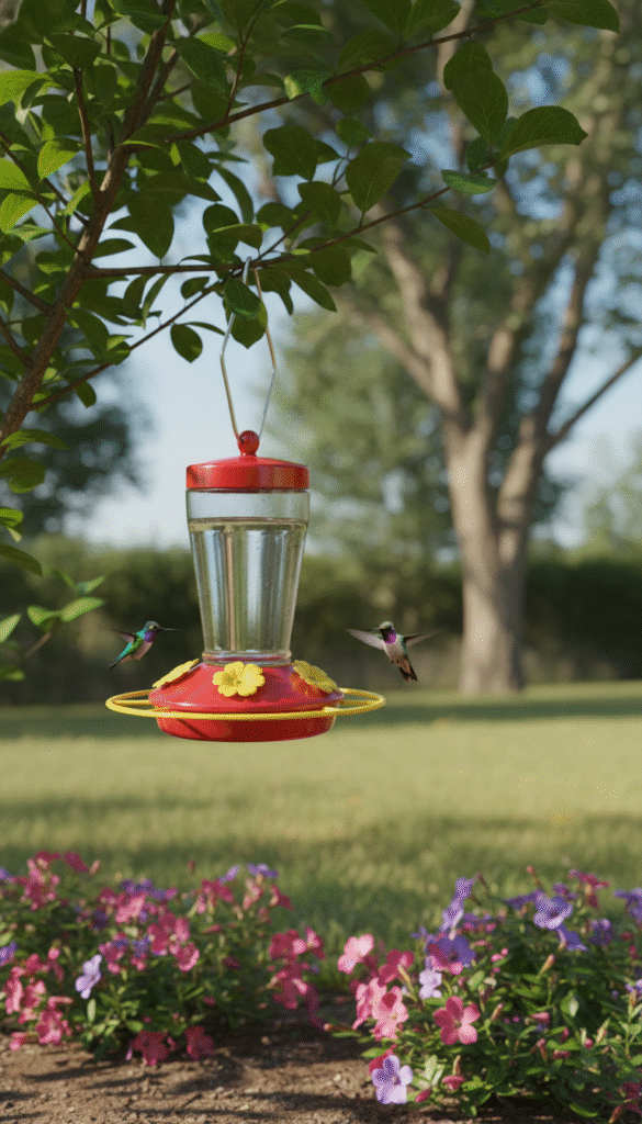 A serene backyard hummingbird sanctuary, featuring a vibrant red and yellow hummingbird feeder attractively suspended from a lush green branch. In the foreground, delicate flowers in shades of pink and purple bloom around the base of the feeder, drawing the eye. Ethereal lighting filters through the leaves, casting gentle dappled shadows and creating a warm, inviting atmosphere. In the middle ground, a couple of colorful hummingbirds are captured in mid-flight, their iridescent feathers shimmering in the sunlight. The background includes soft-focus trees and a clear blue sky, enhancing the tranquil setting. Image composition emphasizes a slightly low angle, showcasing the feeder and the birds in action, inviting viewers into this peaceful garden haven. A serene backyard hummingbird sanctuary, featuring a vibrant red and yellow hummingbird feeder attractively suspended from a lush green branch. In the foreground, delicate flowers in shades of pink and purple bloom around the base of the feeder, drawing the eye. Ethereal lighting filters through the leaves, casting gentle dappled shadows and creating a warm, inviting atmosphere. In the middle ground, a couple of colorful hummingbirds are captured in mid-flight, their iridescent feathers shimmering in the sunlight. The background includes soft-focus trees and a clear blue sky, enhancing the tranquil setting. Image composition emphasizes a slightly low angle, showcasing the feeder and the birds in action, inviting viewers into this peaceful garden haven.