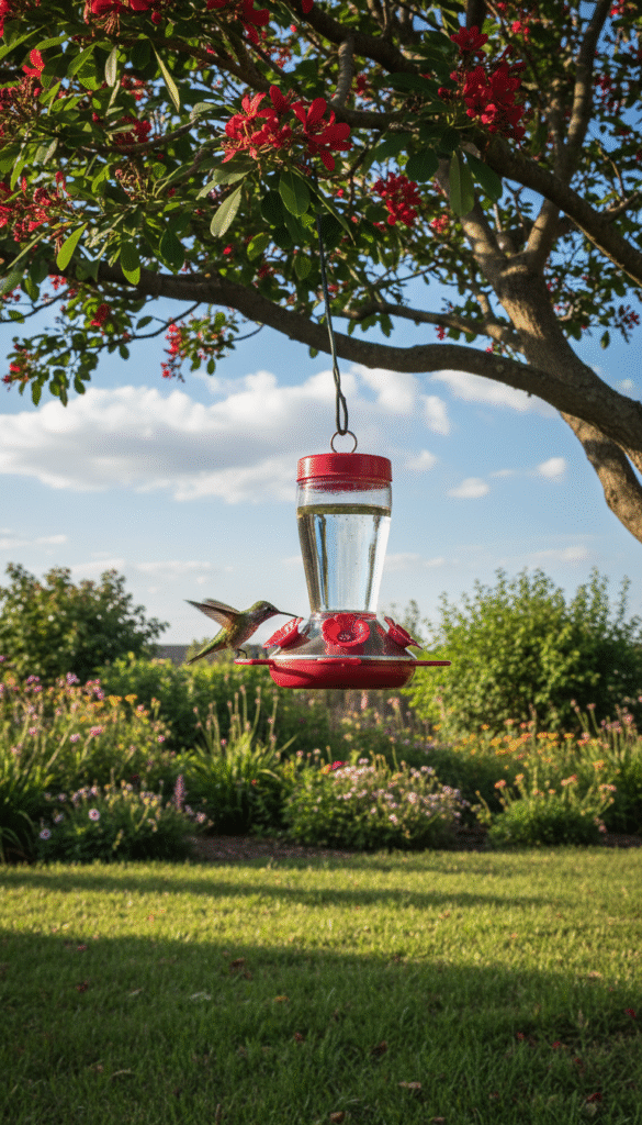 A serene backyard scene featuring a brightly colored hummingbird feeder hanging from a lush green tree branch, adorned with vibrant red flowers. In the foreground, a lively hummingbird flits around the feeder, its iridescent feathers glinting in the sunlight. The middle ground showcases the feeder surrounded by blooming plants and soft grass, creating a lively habitat. In the background, a clear blue sky is visible, dotted with fluffy white clouds. The lighting is warm and inviting, casting gentle shadows that enhance the natural beauty of the environment. The atmosphere is peaceful and lively, capturing the joy of nature and attracting hummingbirds to delightful feeding spots.
