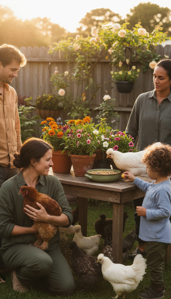 A serene backyard scene featuring a cozy setting with therapy chickens interacting with a diverse group of people in modest casual clothing. In the foreground, a woman gently holds a chicken against her chest, smiling with contentment, while beside her, a child offers a treat to another chicken. In the middle ground, a small table is laid out with vibrant flower pots and chicken feed, showcasing a warm, inviting environment. The background includes a soft-focus garden with lush greenery and a wooden fence, bathed in golden sunset light that casts a warm glow. The atmosphere is tranquil and nurturing, reflecting the mental health benefits and joy therapy chickens can bring to people's lives, fostering connection and serenity. A serene backyard scene featuring a cozy setting with therapy chickens interacting with a diverse group of people in modest casual clothing. In the foreground, a woman gently holds a chicken against her chest, smiling with contentment, while beside her, a child offers a treat to another chicken. In the middle ground, a small table is laid out with vibrant flower pots and chicken feed, showcasing a warm, inviting environment. The background includes a soft-focus garden with lush greenery and a wooden fence, bathed in golden sunset light that casts a warm glow. The atmosphere is tranquil and nurturing, reflecting the mental health benefits and joy therapy chickens can bring to people's lives, fostering connection and serenity.