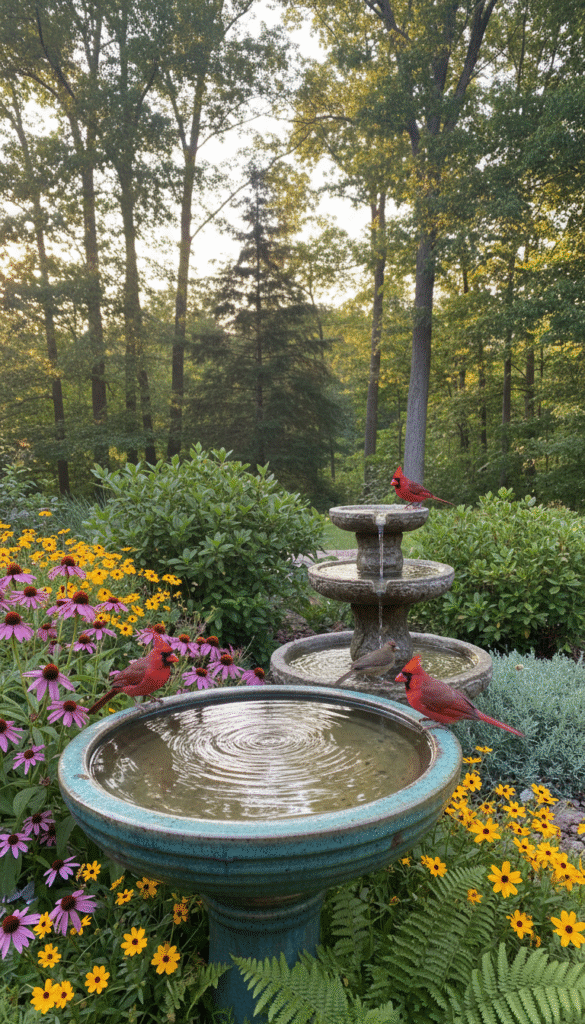 A serene backyard scene featuring complementary water features including elegant birdbaths and drippers designed to attract cardinals. In the foreground, a beautifully crafted ceramic birdbath with a gentle ripple on the surface, surrounded by vibrant flowers and lush greenery. The middle ground showcases a quaint dripper gently supplying fresh water, with a few colorful cardinals perched nearby, their brilliant red plumage standing out against the natural backdrop. The background is filled with tall trees softly illuminated by golden afternoon sunlight, creating a warm and inviting atmosphere. The scene is viewed from a slightly elevated angle, capturing the harmonious layout of water features in the yard. Emphasize a peaceful, inviting mood, ideal for birds looking for refreshment.